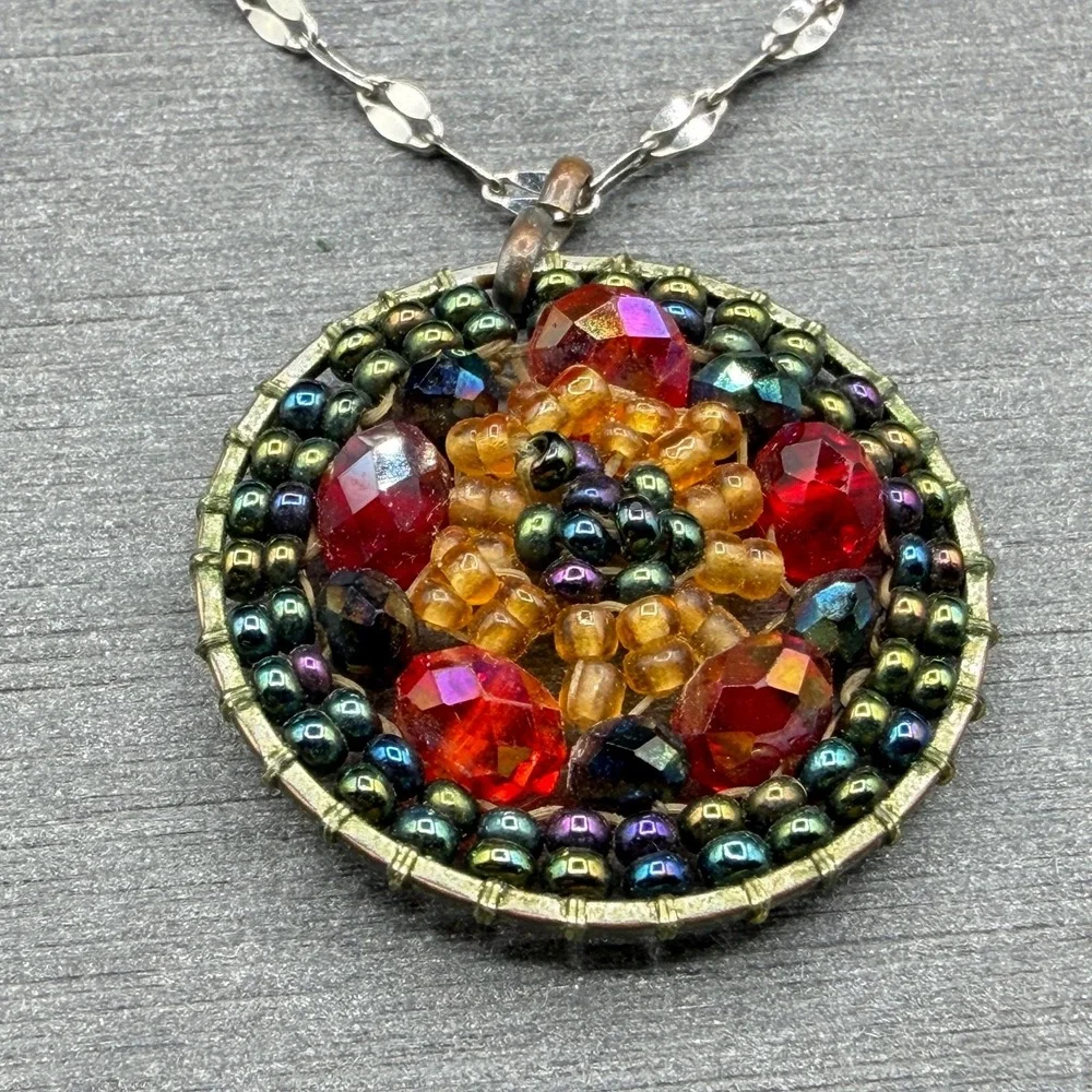 Multicolor Beaded Mosaic Pendant Necklace Stainless Steel Chain Boho Statement